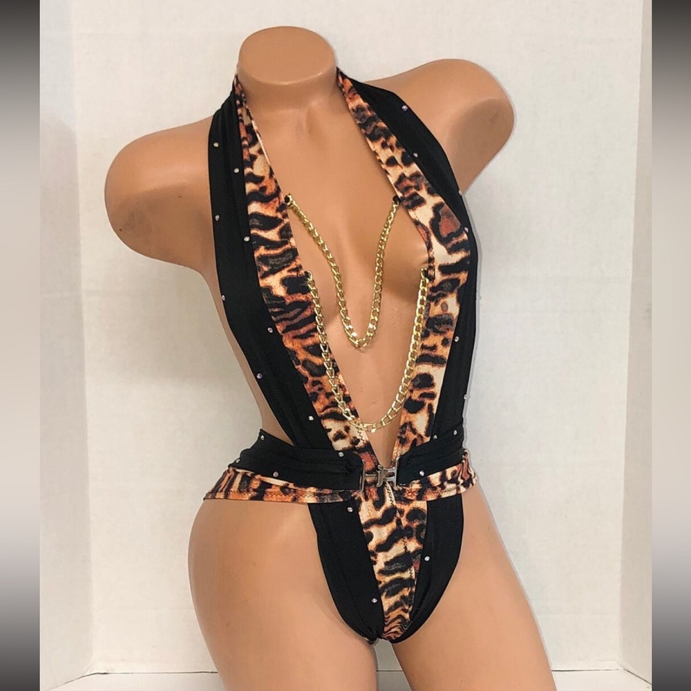 Leopard Print Bodysuit with Chains